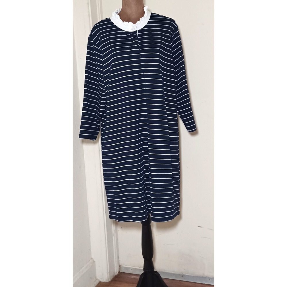Isaac Mizrahi Live Women XLP Navy White Striped Ruffle Collar‎ Knit Shift Dress